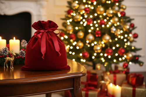 A red velvet gift bag on a tbale in front of a christmas scene