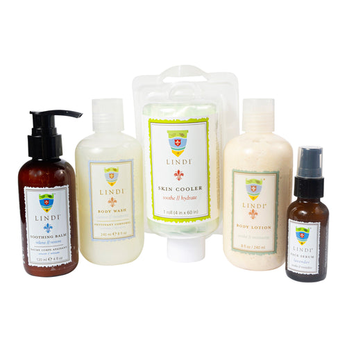 Complete Chemo + Radiation Skincare Collection: Body Lotion + Soothing Balm + Cooler Roll + Body Wash + Lip Balm + Face Serum