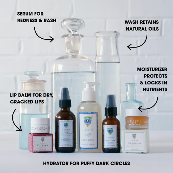 Lindi Skin Face Complete Face Regimen: Face Wash + Face Moisturizer + Lip Balm + Eye Hydrator + Face Serum