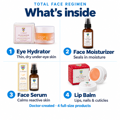 Lindi Skin Face Total Face Regimen: Face Moisturizer + Lip Balm + Eye Hydrator + Face Serum